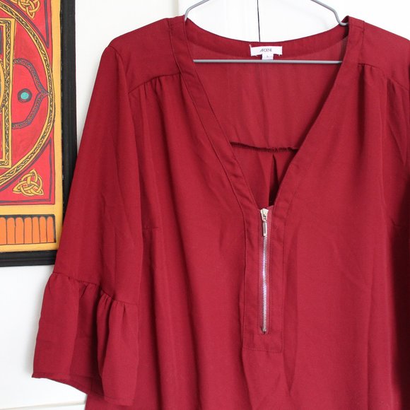 3/$20 Burgundy Blouse With Flared Sleeves & Zipper - Picture 4 of 9